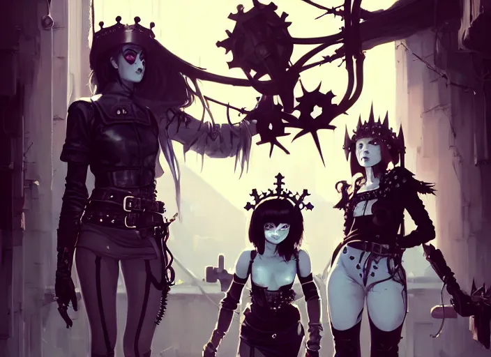 Image similar to two cute goth maiden girls with crown of thorns and white short hairs, dressed in leather belts, warhammer, cyberpunk, by atey ghailan, by greg rutkowski, by greg tocchini, by james gilleard, by joe gb fenton, by kaethe butcher, dynamic lighting, gradient light blue, brown, blonde cream and white color in scheme, grunge aesthetic