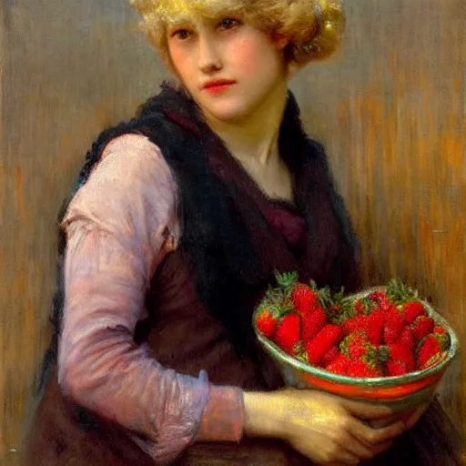 Prompt: A beautiful Blonde Woman with Locks selling strawberries in the style of Jean-Joseph Benjamin-Constant, Portrait