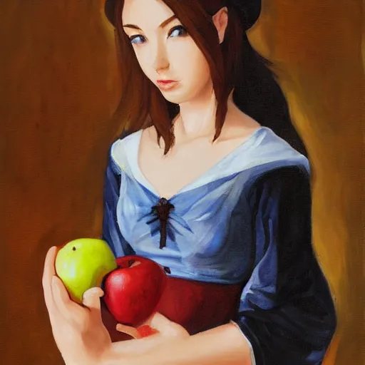 Image similar to isekai masterpiece by liya nikorov, zeronis, sciamano 2 4 0. of a girl holding an apple