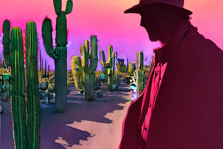 Image similar to a hyperrealist watercolour character concept art portrait of shadow figure, there is a strange light in the sky, utah desert highway. roses. neon lights. cactus. by rebecca guay, michael kaluta, charles vess and jean moebius giraud