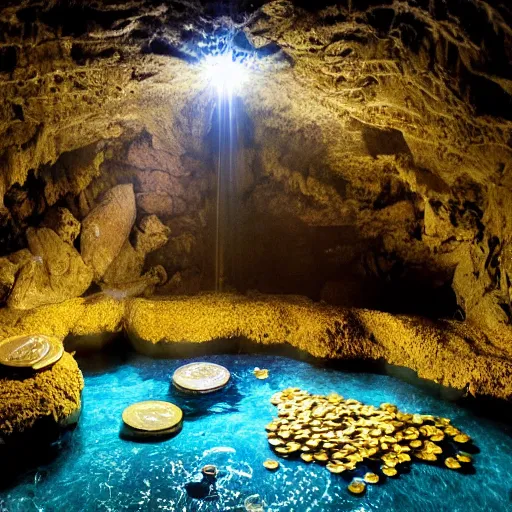 Image similar to inside the wishing well cavern, piles of gold coins, shallow water, gold refractions off water, moonlight beam from above illuminates cavern, cory feldman is kicking the water, reflective clean water on cavefloor, slick wet walls, leaves cave, small flowing stream from wall, the hippies are setting up a cloud camp, gold dappled lighting, movie poster painting