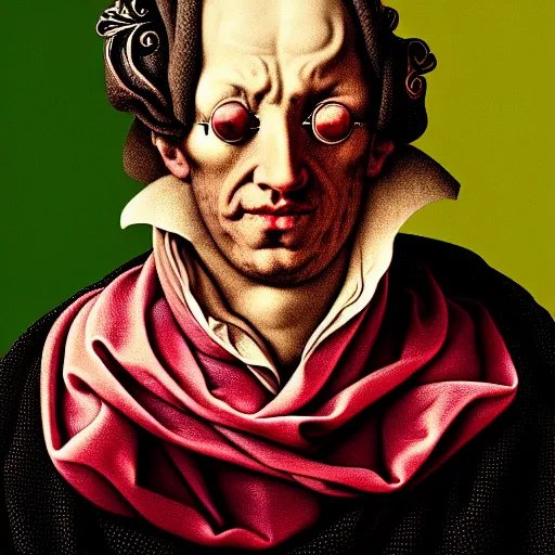 Prompt: hyperdetailed half - lenght portrait of a blind man with one eye covered by fabric. art nouveau rococo baroque in the style of caravaggio. maximalist unexpected elements hd 8 x matte background in vibrant vivid pastel colour textures