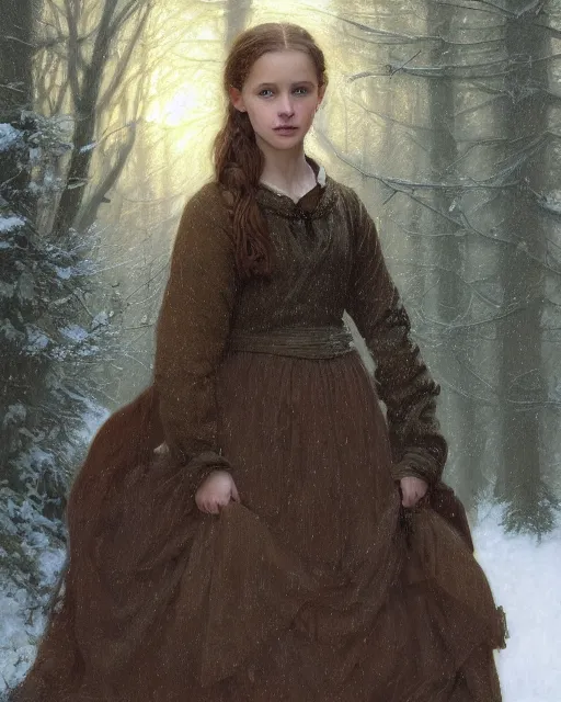 Image similar to a well - lit, realistic portrait painting of a thoughtful girl resembling a young, shy, redheaded irish alicia vikander or millie bobby brown wearing peasant dress in a deep snow - covered forest at dusk, highly detailed, intricate, concept art, artstation, by donato giancola, ron cobb, and william adolphe bouguereau