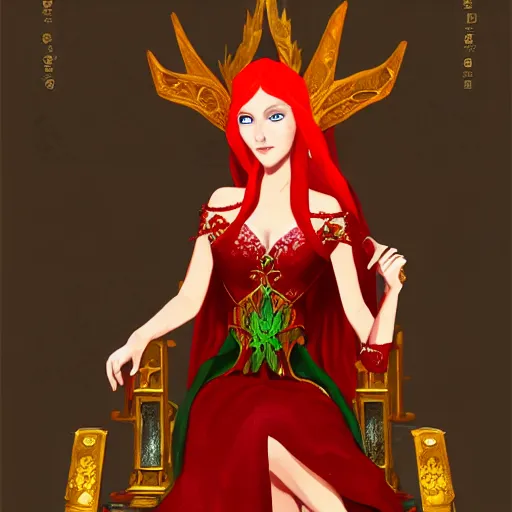 Image similar to Portrait of a red-haired beautiful elven queen in red, gold and green dress sitting on a throne. In style of Hyung-tae Kim, concept art, trending on ArtStation, Korean MMORPG.