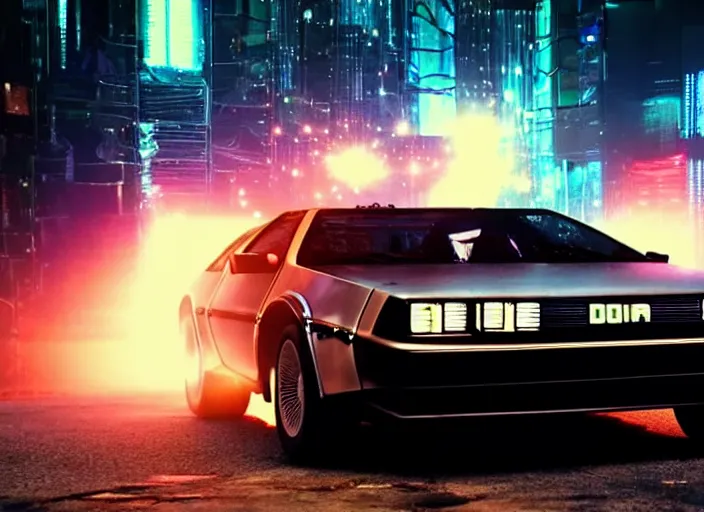 Image similar to a cyberpunk delorean breaking the space - time continuum, energy and time particles, dramatic framing, movie footage, 8 k