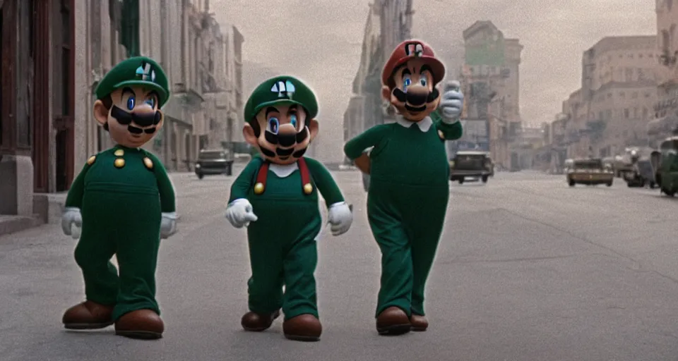 Image similar to a still image of Mario and Luigi in The Godfather, real, cinematic, 40mm f/2.8, 1970s film, movie