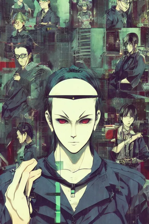 Prompt: professionally drawn seinen mature cyberpunk detective horror action manga comic cover about hinduism buddhism reincarnation, full color, beautifully drawn coherent professional, drawn by ilya kuvshinov, ilya kuvshinov, satoshi kon and tsutomu nihei. japanese script kanji hiragana on the cover. minimalist stylized cover art. blue green cel shaded