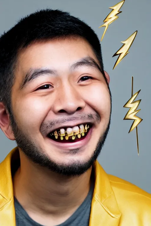 Image similar to portrait of asian hacker grinning with gold teeth and a lightning bolt face tattoo