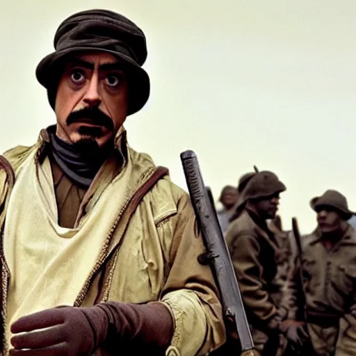 Image similar to robert downey jr in blackface in a war movie, cinematic still