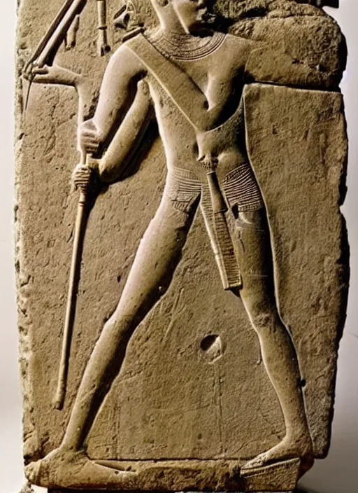 Image similar to a very very very worn out ancient egyptian relief of a man shooting a bolt action rifle, award winning photo