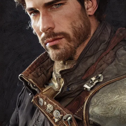 Prompt: portrait of a young, ruggedly handsome ranger, muscular, half body, leather, smirk, fantasy, intricate, elegant, highly detailed, digital painting, artstation, concept art, smooth, sharp focus, illustration, art by artgerm and greg rutkowski and alphonse mucha