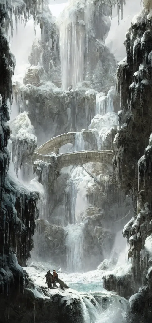 Image similar to a gigantic palace made of crystal stone with arches and bridge on top of a waterfall in the snow, blizzard, a small stream runs beneath the waterfall, landscape, raphael lacoste, eddie mendoza, alex ross, concept art, matte painting, highly detailed, rule of thirds, dynamic lighting, cinematic, detailed, denoised, centerd