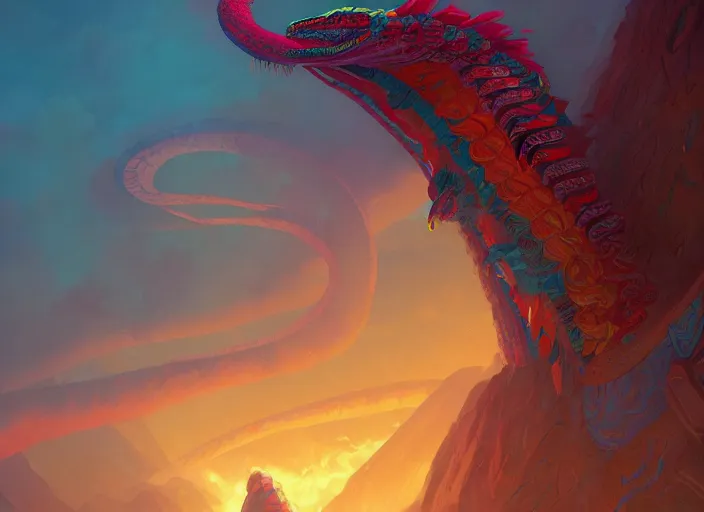 Prompt: quetzalcoatl , vibrant color scheme, highly detailed, in the style of romanticism, cinematic, artstation, Moebius, Greg rutkowski