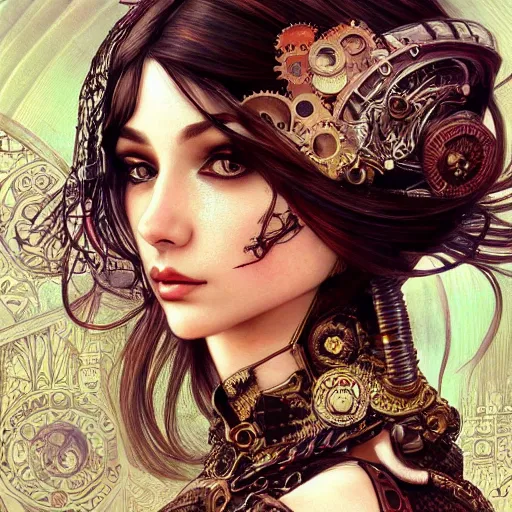 Image similar to a photograpic portrait of a pretty woman, steampunk, fantasy, intricate, elegant, highly detailed, digital painting, artstation, concept art, smooth, sharp focus, illustration, art by artgerm and H R Giger and alphonse mucha