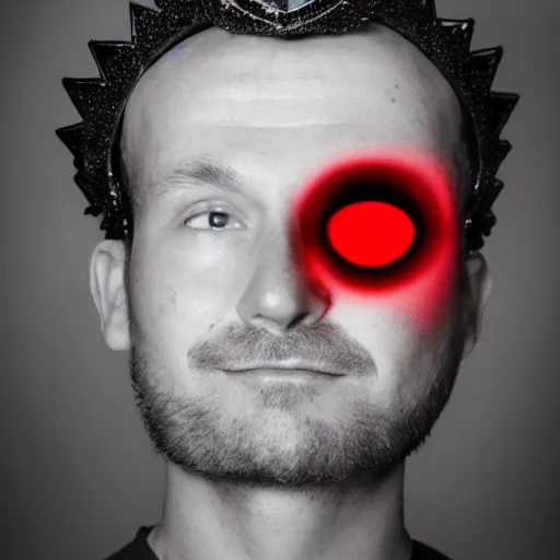 Image similar to man with a crown, smirk, photograph, black backgrounds, glowing red eyes, pixar