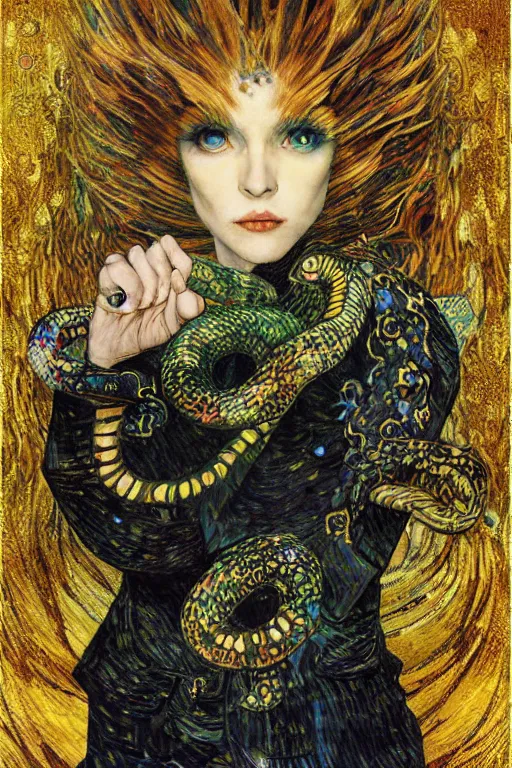 Prompt: Kirisame marisa, touhou project by Karol Bak, Jean Deville, Gustav Klimt, and Vincent Van Gogh, portrait of a sacred serpent, Surreality, otherworldly, fractal structures, arcane, ornate gilded medieval icon, third eye, spirals