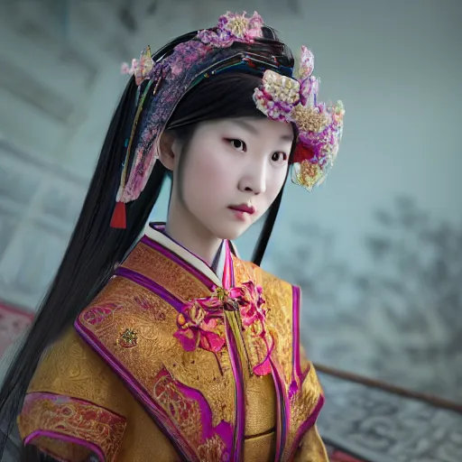 Image similar to young chinese princess with traditional clothes, medium shot, intricate details, octane, unreal engine, ultra - realism, photorealism, photorealistic, 4 k, 8 k, 1 6 k