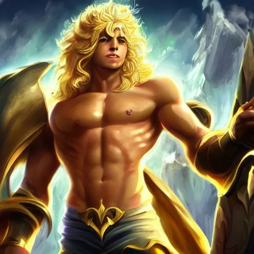 Image similar to Dio as a blond male demigod with beautiful long curly hair proclaiming victory over his subjects, grandiose royal palatial staging, official league of legends splash art, artstation HD