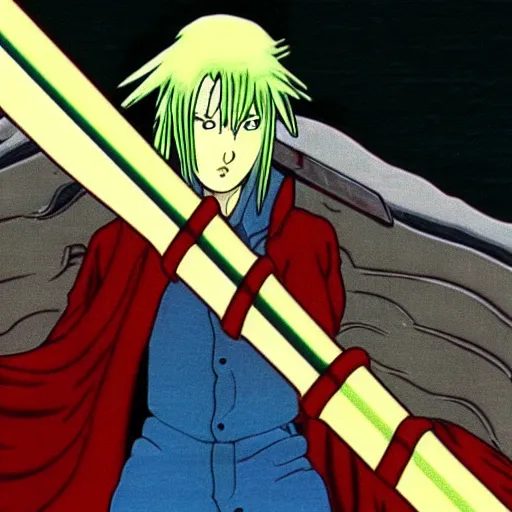 Image similar to still frame of Sephiroth in 1988 anime film Akira by Katsuhiro Otomo, screenshot, color, film print