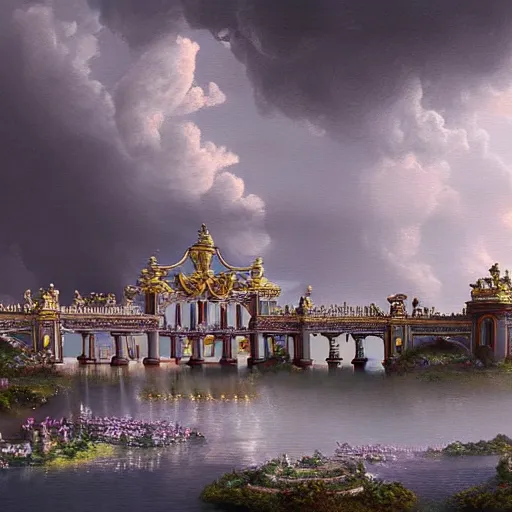 Image similar to bridge leading to an ornate palace in the clouds hyperrealistic fantasy-H 768