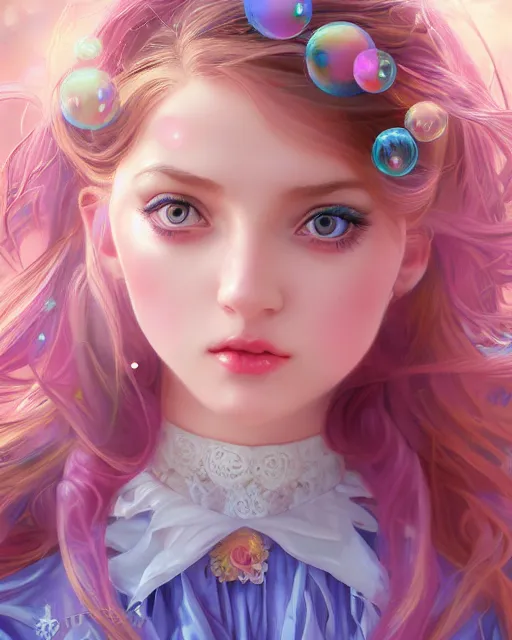 Image similar to portrait of magical lolita girl, dreamy and ethereal, expressive pose, big blue eyes, exciting expression, fantasy, intricate, elegant, many rainbow bubbles, rose tones, highly detailed, digital painting, artstation, concept art, cyberpunk wearing, smooth, sharp focus, illustration, art by artgerm and greg rutkowskiand alphonse mucha