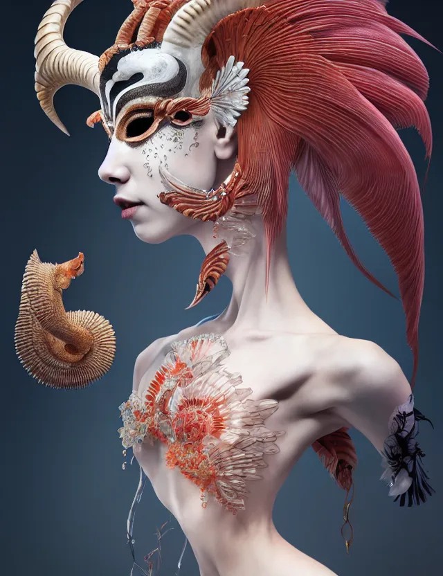 Prompt: 3 d ballerina close - up profile portrait with ram skull. beautiful intricately detailed japanese crow kitsune mask and classical japanese kimono. betta fish, jellyfish phoenix, bio luminescent, plasma, ice, water, wind, creature, artwork by tooth wu and wlop and beeple and greg rutkowski