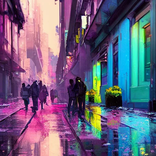 Image similar to digital art, strong emotional impact, bold pastel colors, spring day, expressive brushstrokes, puddles, an art deco streetscape lined with beautiful flowers, by liam wong and tyler edlin, trending on artstation