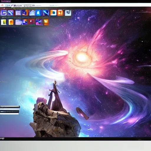 Prompt: a 25 year old mage creating a universe in his PC, hyperrealistic, extremely detailed, award-winning art, trending on Artstation