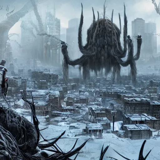 Image similar to a huge city walking on 8 spider legs through a post apocalyptic tundra, fantasy, cinematic