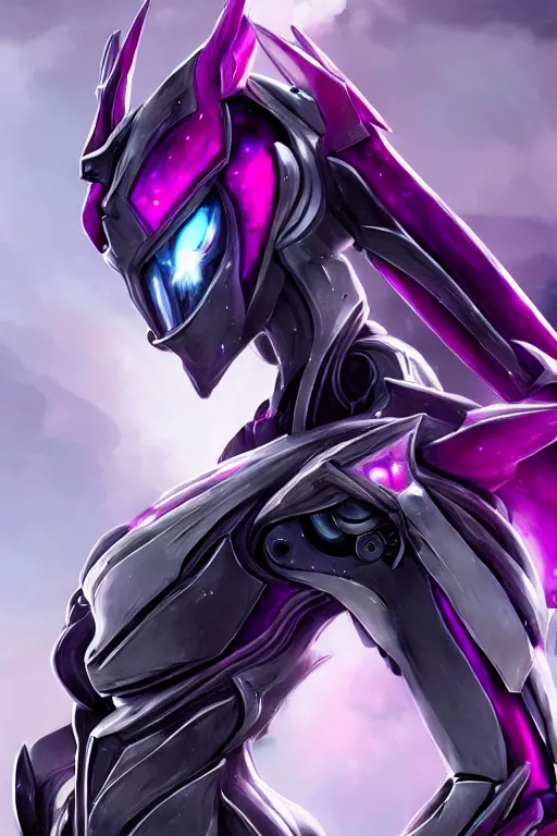 Image similar to cinematic bust shot, elegant beautiful stunning giant robot mecha hot female goddess dragon, sharp spines, sharp metal ears, smooth purple eyes, smooth fuschia skin, elegant smooth silver armor, nebula size, in space, epic proportions, epic scale, warframe fanart, macro giantess, furry art, dragon art, goddess art, giantess art, furaffinity, octane