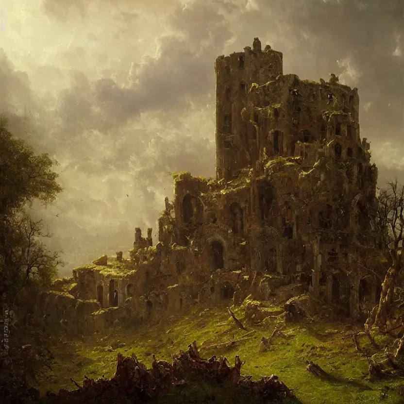 Prompt: ruined castle on a hill, surrounded by dead forest, oil painting, landscape, greg rutkowski, albert bierstadt