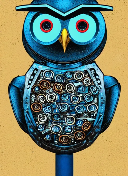 Image similar to colored pencil and pen drawing of an animatronic robot owl, bird made from rusty old keys and padlocks, space background, 8 k photorender realityengine