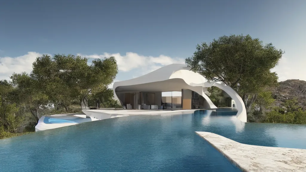 Prompt: Home made of limestone with an infinity pool in the front designed by Zaha Hadid, in the Mediterranean with olive trees and orange trees, 4k, high detail, architectural render, epic light, 4k