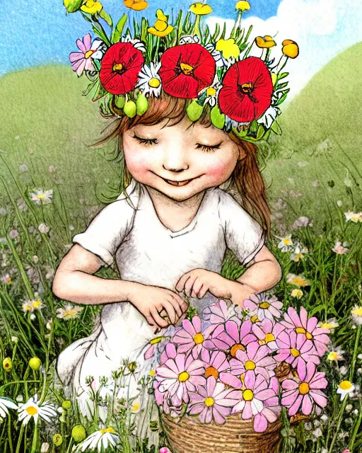 Prompt: a storybook illustration painting of a smiling happy cute bunny wearing a flower crown, daisies and poppies, by antoine de saint - exupery and annabel kidston and naomi okubo and jean - baptiste monge. a child storybook illustration, muted colors, soft colors, low saturation, fine lines, white paper