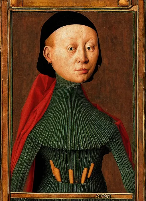 Image similar to a portrait of a half-human, half-machine cybord by Jan van Eyck