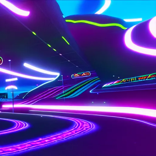 Image similar to a psychedelic racing track in unreal engine, very high detailed, in a game, cinematic view