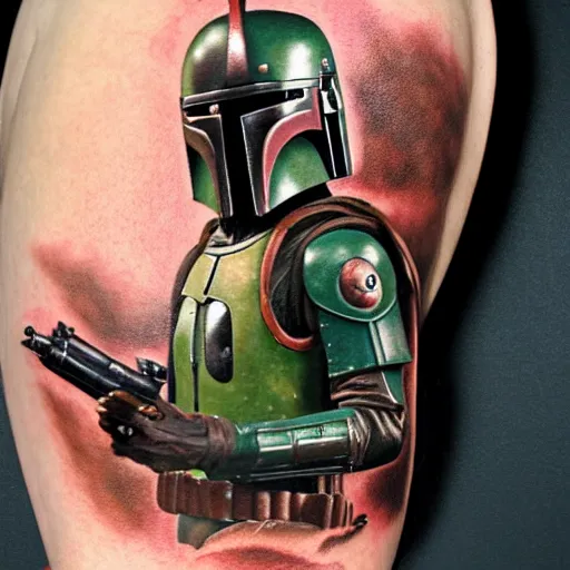 Prompt: ultra realistic tattoo of boba fett, art by frank frazetta, 4 k, ultra realistic, highly detailed, epic lighting