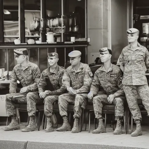 Prompt: a group of military solders sitting at the cafe and drinking coffee