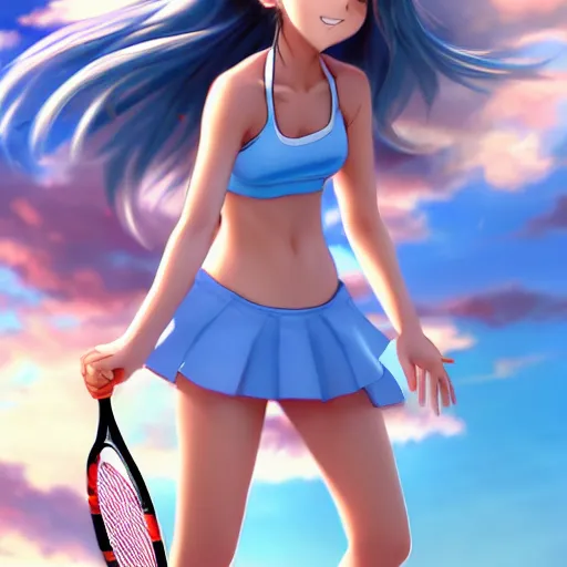 Image similar to a very beautiful young anime tennis girl, full body, long wavy blond hair, sky blue eyes, full round face, short smile, bikini, miniskirt, highly detailed, cinematic wallpaper by stanley artgerm lau
