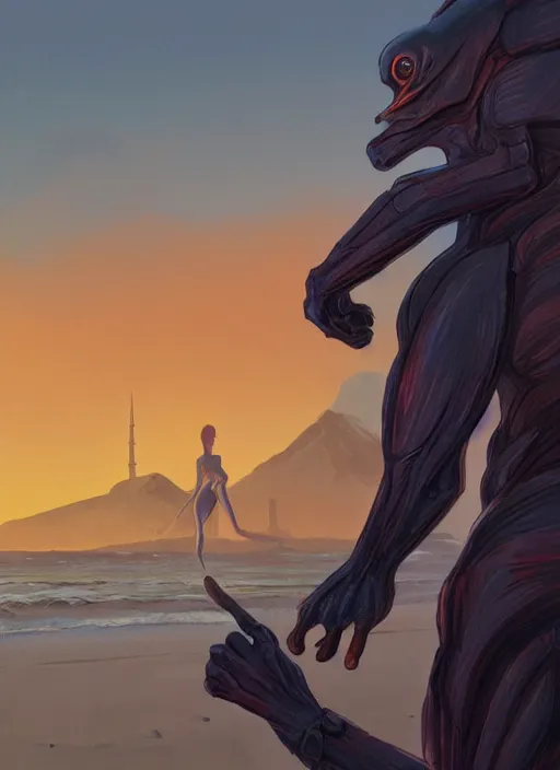 Image similar to semi reallistic gouache gesture painting, by Moebius, online artists, detailed anime 3d render of a reptilian alien on San Francisco Beach, at sunset, portrait, cgsociety, artstation, rococo mechanical, Digital reality, dieselpunk atmosphere, gesture drawn