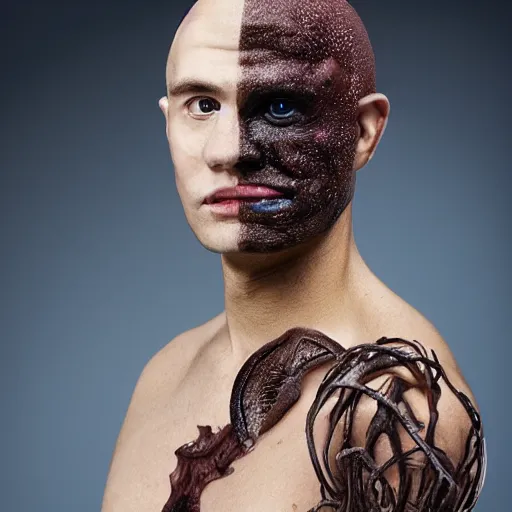 Prompt: an atractive male wearing prosthetics that makes his skin look like tiny mushrooms are growing from it, make up made the winner of the tv show the face off, photographed by andrew thomas huang for a magazine