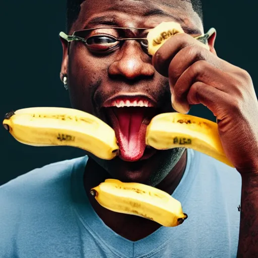 Prompt: angry gucci mane eating bananas in the hood, 8k resolution, full HD, cinematic lighting, award winning, anatomically correct