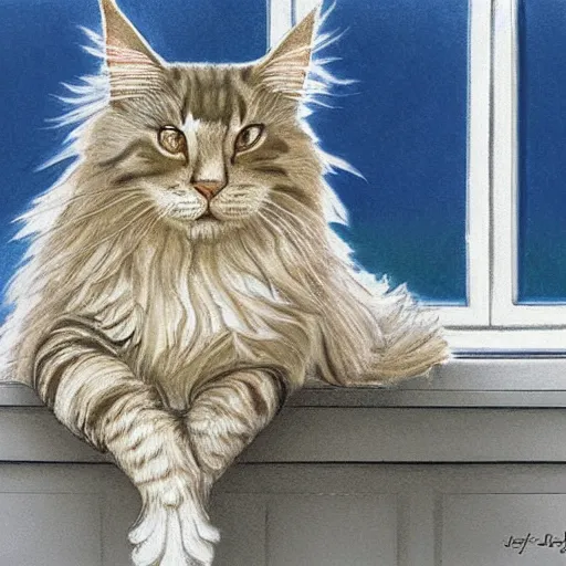 Image similar to portrait cream color maine coon cat curled up, bay window sofa, by Jeff Easley