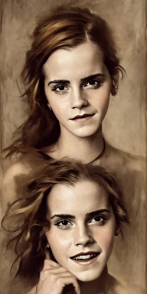 Image similar to emma watson coyly smiling detailed portrait painting by gaston bussiere craig mullins j. c. leyendecker photograph by richard avedon peter lindbergh annie leibovitz