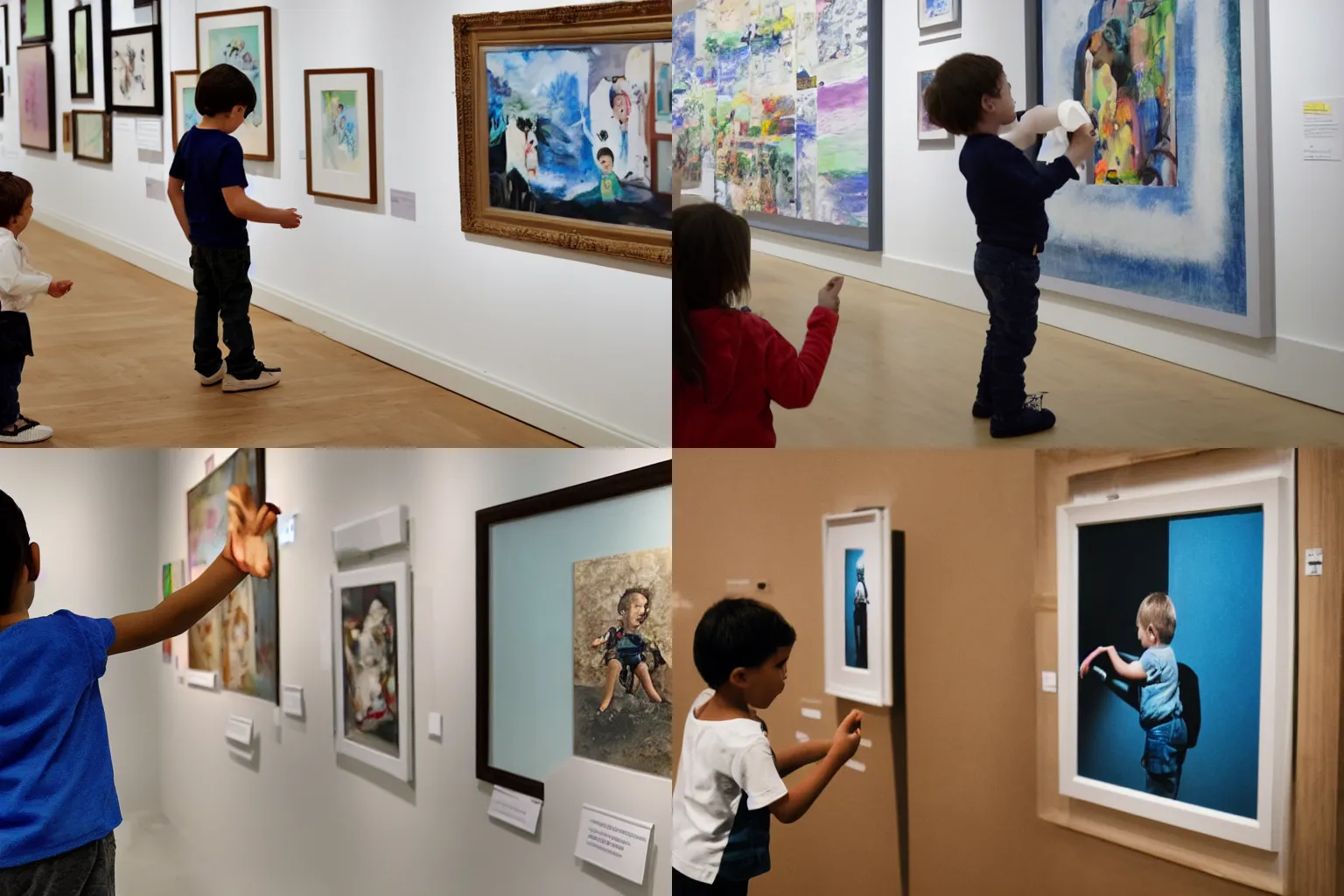 Prompt: a child in an art gallery pointing at a framed photo of a roll of toilet paper