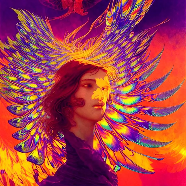 Prompt: psychedelic transcendent feather mind bending psychedelic wings of glossy liquid honey flowing like kaleidoscopic translucent holograph, lsd feathers, honey wind, enlightenment, high contrast dappled lighting, refracted sunset, highly detailed, concept art, art by collier, albert aublet, krenz cushart, artem demura, alphonse mucha