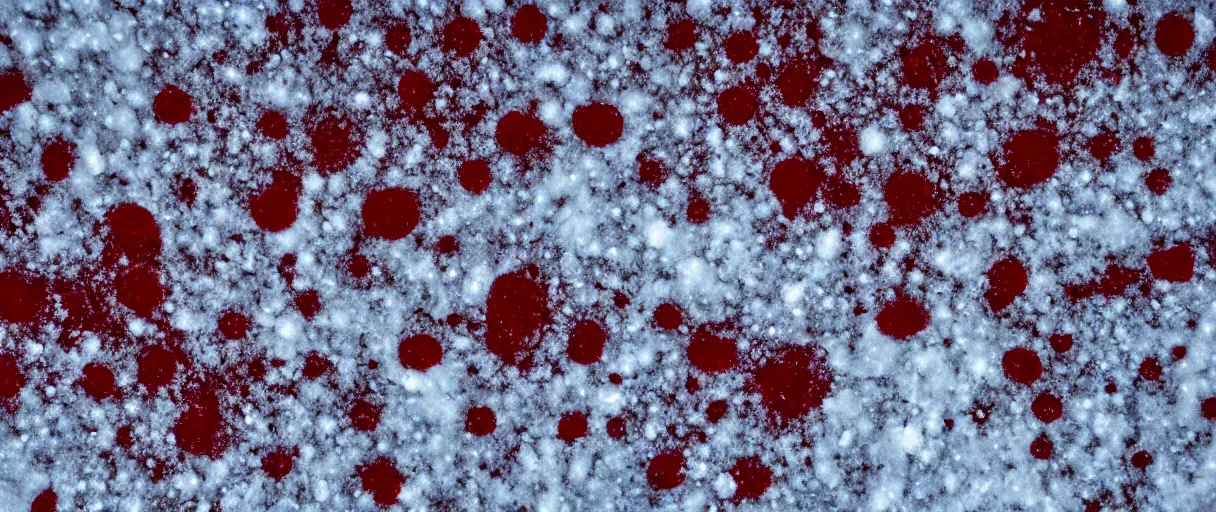 Prompt: top view extreme closeup movie like 3 5 mm film photograph of blood splattered onto the snow in antarctica at night, very dimly lit, in the style of macro photography