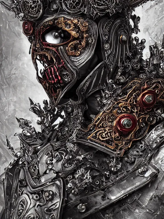 Image similar to portrait art of 8k ultra realistic undead corrupted king, ornate intricate crown , detailed intricate ornate armour,decaying, cybernetic, full of colour, cinematic lighting, battered, trending on artstation, 4k, hyperrealistic, focused, extreme details,unreal engine 5, cinematic, masterpiece, art by ayami kojima, giger