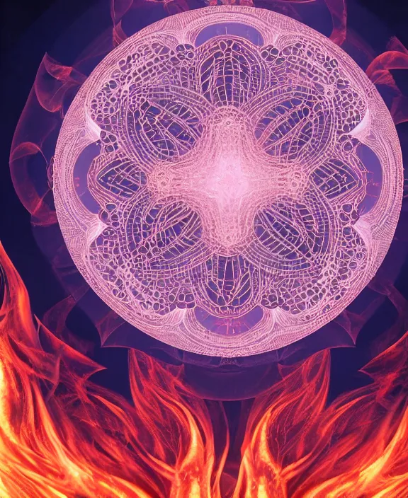 Image similar to simplicity, intricate transparent clear see - through image of fire, fractal, radiating, mandala, psychedelic, ultra realistic, concept art, modern art, photorealistic, octane render, 8 k, unreal engine. art by nori inoguchi and sam kaplan and zachary goulko and christopher marley