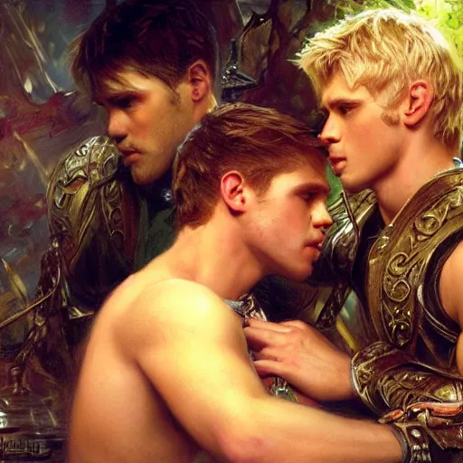 Image similar to attractive male, arthur pendragon who has blond hair confesses his love to attractive male, merlin who has dark hair. highly detailed painting by gaston bussiere, craig mullins, j. c. leyendecker 8 k